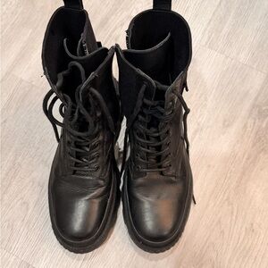Moncler men’s Black Leather Combat Boots with Lace-Up Design